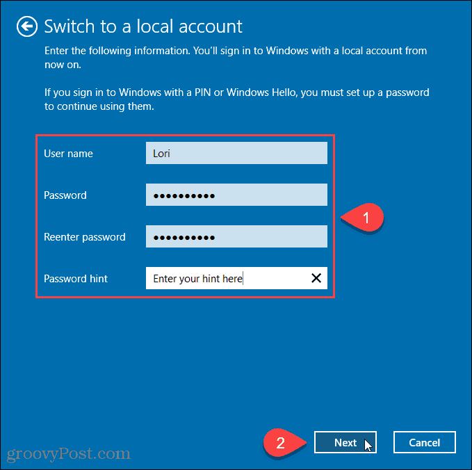 Zadajte meno používateľa a heslo pre nový miestny účet