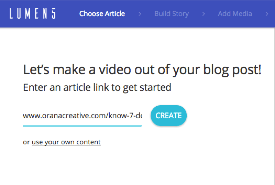Pridajte adresu URL blogového príspevku, z ktorého chcete vytvoriť video Lumen5.
