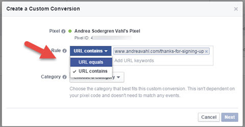 pravidlo vlastných adries URL pre konverzie na facebooku