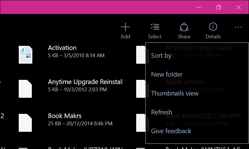 Okná aplikácií OneDrive 10 5