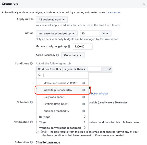 Používajte automatické pravidlá Facebooku, zvyšujte rozpočet, keď je ROAS väčší ako 2, krok 3, stanovte podmienky