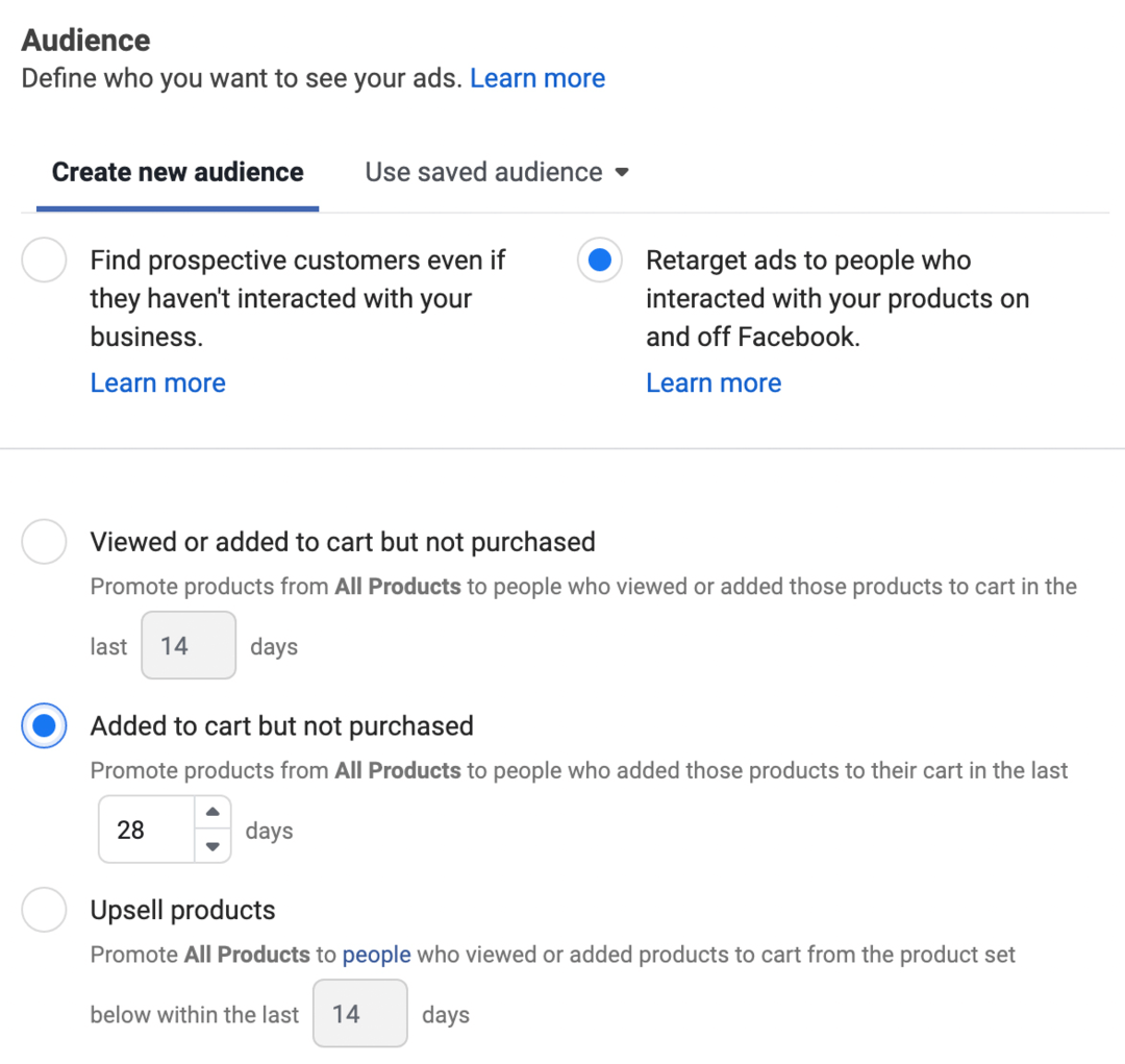 obrázok Recieliť reklamy na ľudí, ktorí interagovali s vašimi produktmi na Facebooku a mimo neho, možnosť vybratá v Správcovi reklám