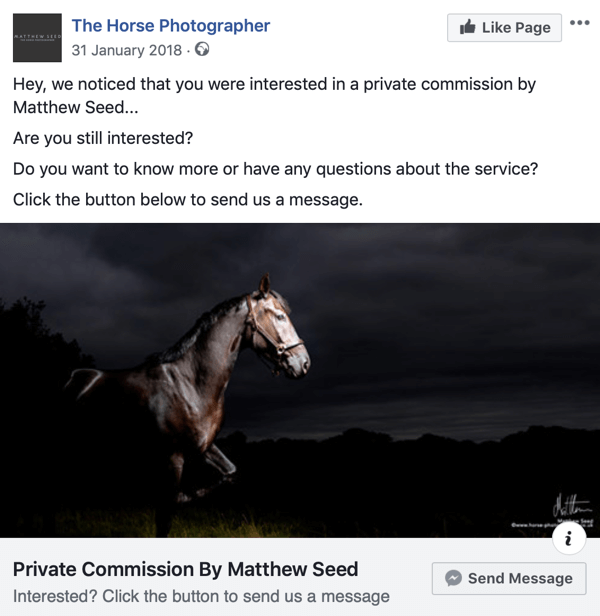 Ako prevádzať návštevníkov webových stránok pomocou reklám na Facebook Messenger, krok 3, uverejniť príklad od The Horse Photographer