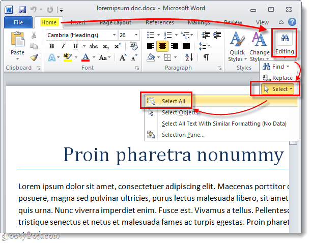 vyberte všetok text v dokumente aplikácie Word 2010