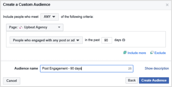 Vyberte možnosti, aby ste nastavili vlastné publikum na Facebooku založené na ľuďoch, ktorí sa za posledných 90 dní zaoberali akýmkoľvek príspevkom alebo reklamou