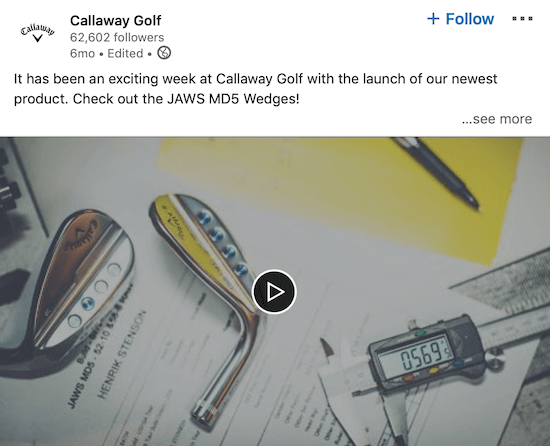 Videoklip Callaway Golf LinkedIn oznamujúci nový produkt