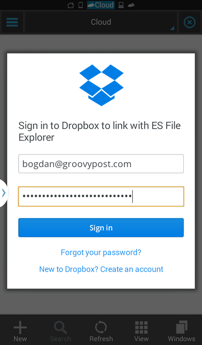 Dropbox na prihlásenie do ES File Explorer