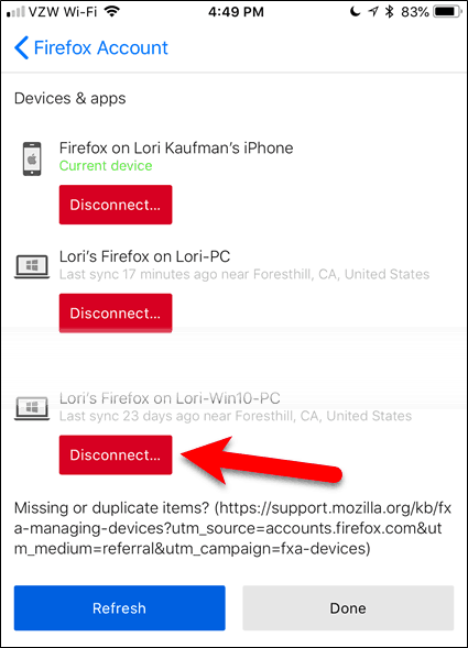 Odpojte zariadenie v prehliadači Firefox pre iOS