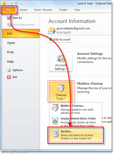 manuálny archív v programe Outlook 2010