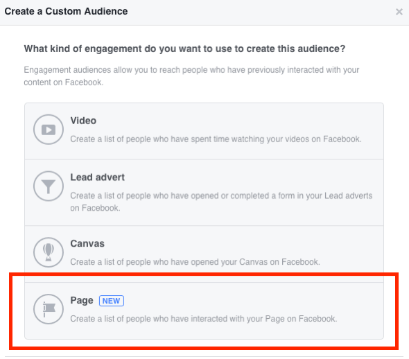 Ako typ zapojenia, ktorý chcete použiť na vytvorenie vlastného publika na Facebooku, vyberte Page.