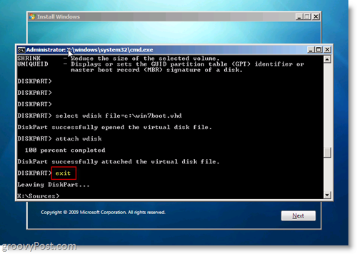 Windows 7 Native VHD Inštalácia Dual Boot Exit CMD výzva