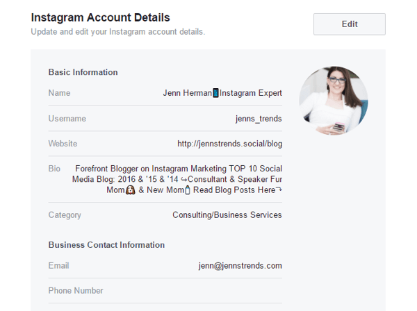 Niektoré podrobnosti účtu Instagram môžete upraviť v nastaveniach svojej stránky na Facebooku.