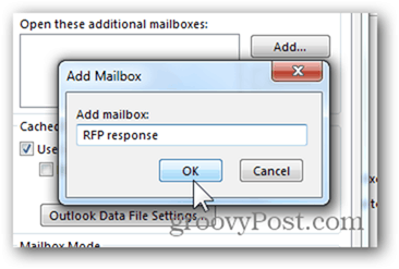 Pridať poštovú schránku Outlook 2013 - Zadajte názov poštovej schránky Kliknite na tlačidlo OK