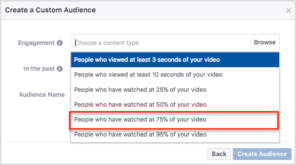 V dialógovom okne Vytvorenie vlastného publika vyberte ľudí, ktorí si pozreli 75% vášho videa.