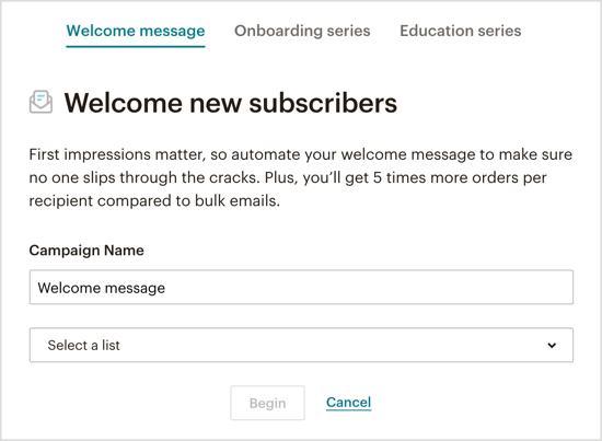 Vyberte, ktorý typ automatizovaného uvítacieho e-mailu chcete poslať prostredníctvom robota Messenger. 