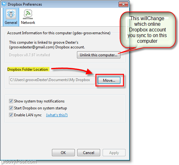 Snímka schránky Dropbox - zmena predvoleného umiestnenia schránky Dropbox alebo zmena / odstránenie účtov schránky Dropbox