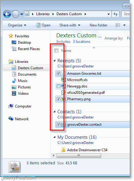 Windows 7 screenshot - pomocou začiarkavacích políčok vyberte svoje položky, groovy!