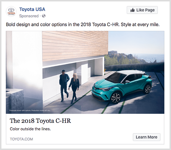 Zásnubná reklama spoločnosti Facebook od spoločnosti Toyota obsahuje tyrkysovú Toyota C-HR a má tlačidlo Ďalšie informácie.