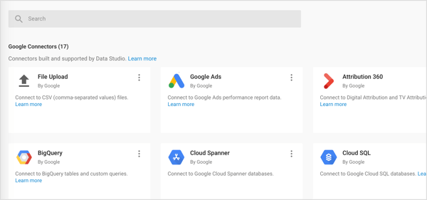 Importujte do služby Google Data Studio tri typy konektorov: Google Connectors, Partner Connectors a Open Source Connectors.