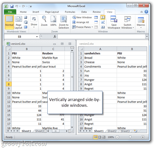 Microsoft Excel vynikajúcou tabuľkou vedľa seba