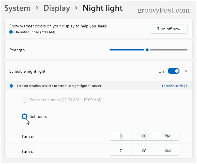 nastavenia nočného svetla Windows 11