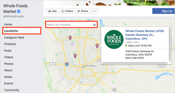 Kliknutím na kartu Lokality na stránke na Facebooku sa zobrazia jednotlivé polohy na mape. 