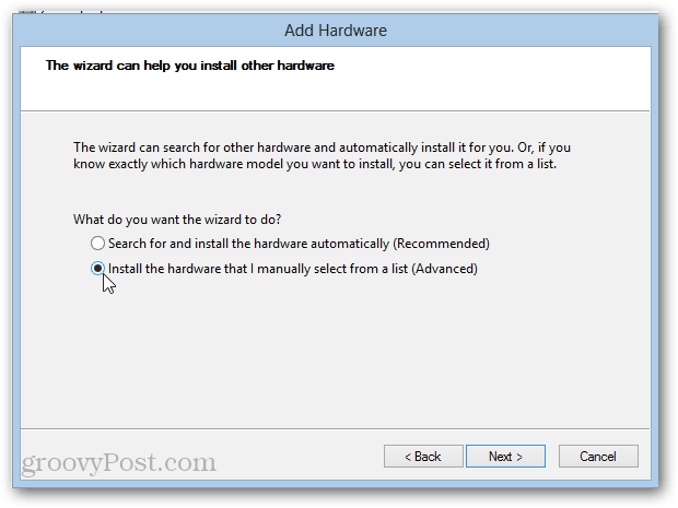 rozšírené pridanie hardvéru v systéme Windows 8 (inštalácia adaptéra spätnej slučky)