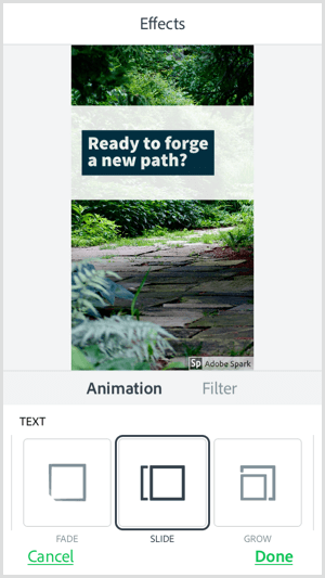 V mobilnej aplikácii Adobe Spark Post vyberte možnosť animácie textu.