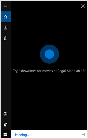 Cortana, konverzačné rozhranie systému Windows, je čierne vertikálne pole s modrou bodkou v strede. Biele pole v dolnej časti označuje, že zariadenie Windows počúva.