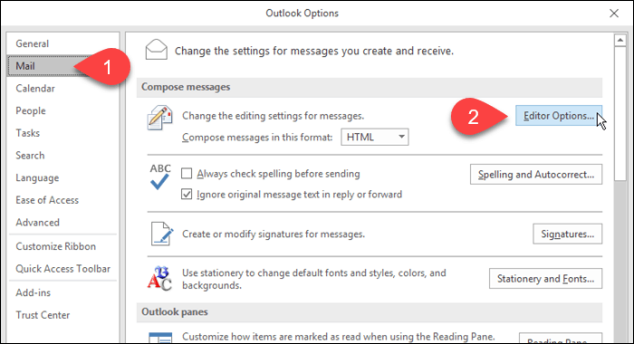 V programe Outlook kliknite na položku Pošta a potom na Možnosti editora