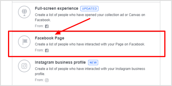 Ako typ zapojenia vyberte stránku na Facebooku.