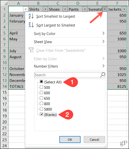 Filtrujte prázdne riadky v programe Excel