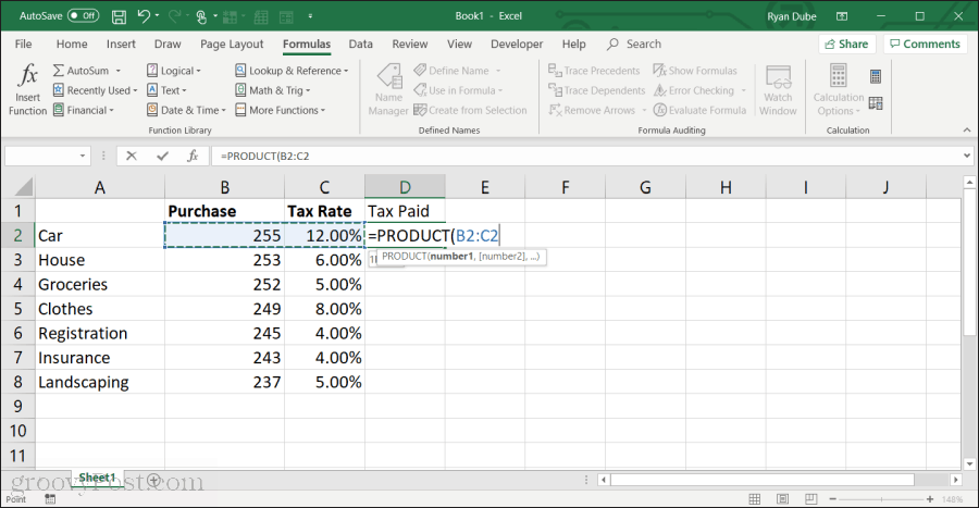 pomocou funkcie produktu v Exceli