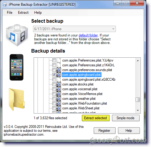 iPhone Backup Extractor vyberte Apple odrazový mostík .plist