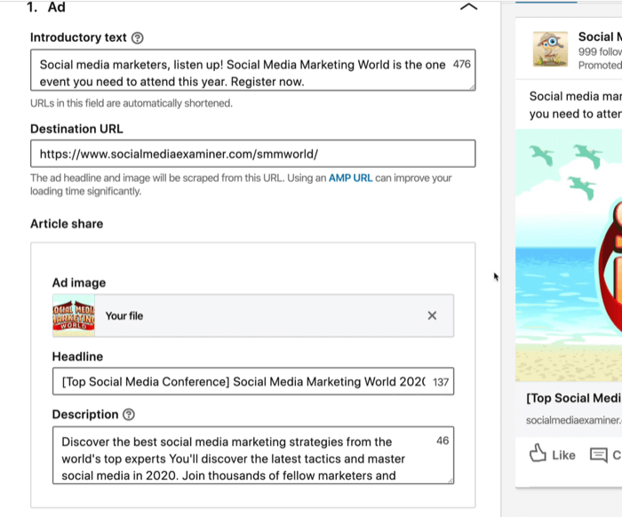 snímka obrazovky s úvodným textom, cieľovou adresou URL, nadpisom a popisom polí pre reklamu LinkedIn