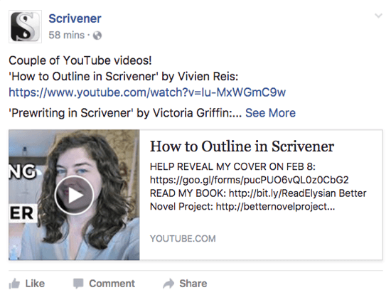 Scrivener zdieľa na svojej stránke na Facebooku video z YouTube, ktoré by sa používateľom mohlo páčiť.
