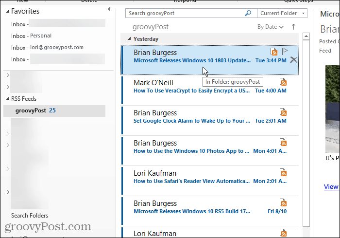 Zložka RSS kanály v programe Outlook