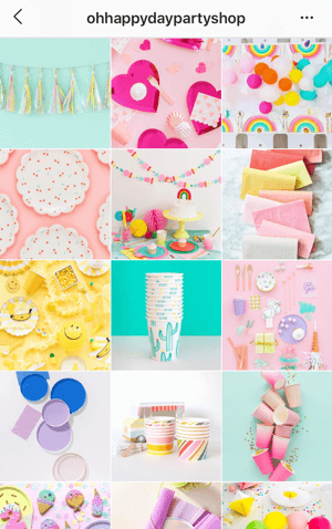 Ako vylepšiť svoje fotografie v instagrame, ukážka témy krmiva Instagram v obchode Oh Happy Day Party Shop so svetlou farebnou paletou