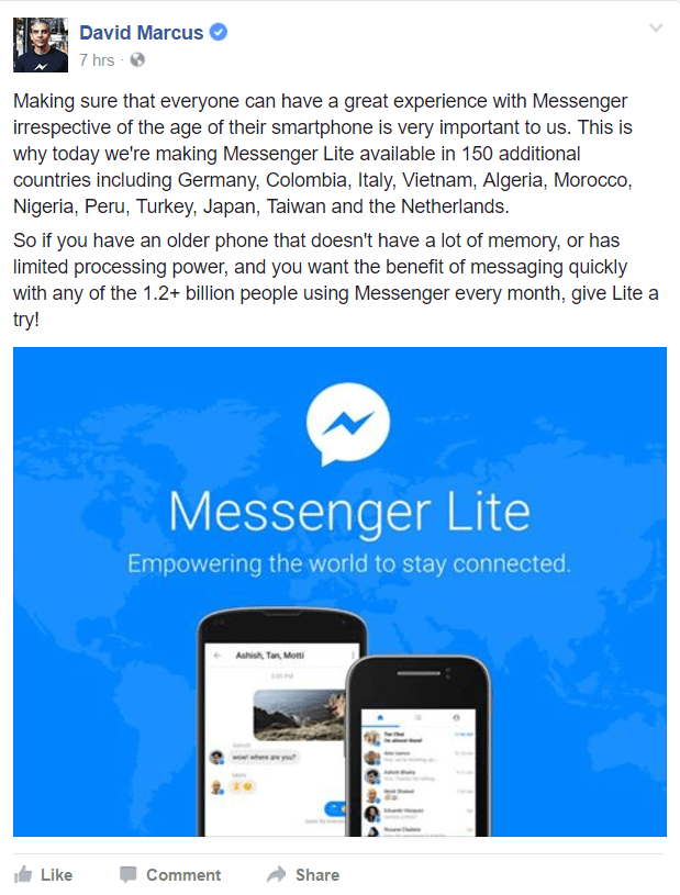 Facebook Messenger Lite je teraz k dispozícii vo viacerých krajinách po celom svete.