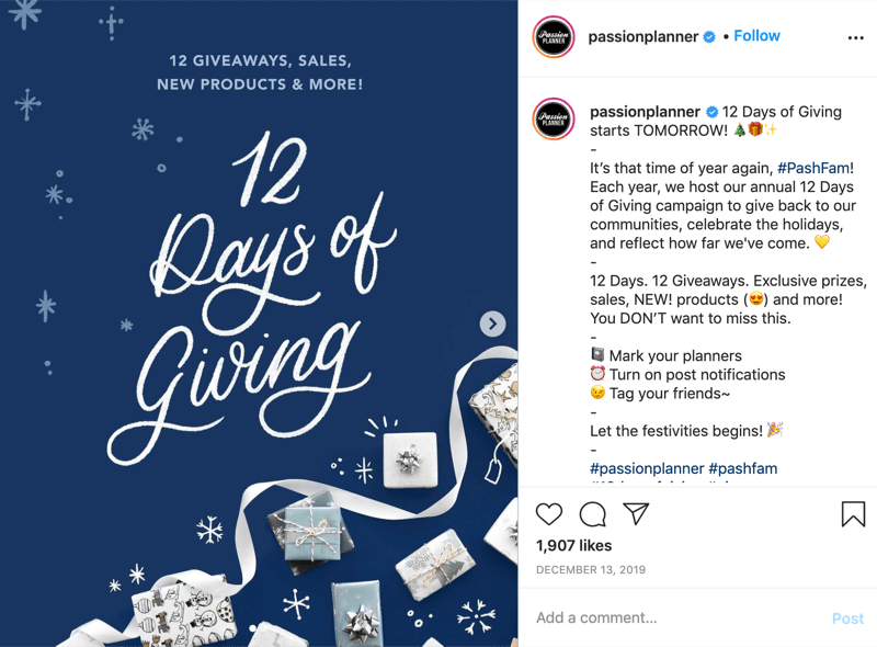 príklad súťaže v rozdávaní instagramov za 12 dní od @passionplanner s oznámením, že rozdávanie sa začína nasledujúci deň