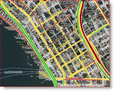 Živá arteriálna mapa služby Mapy Google v Seattli