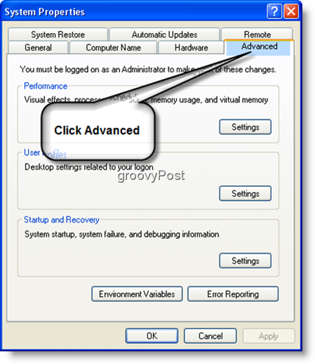 Vlastnosti systému Rozšírené nastavenia Windows XP