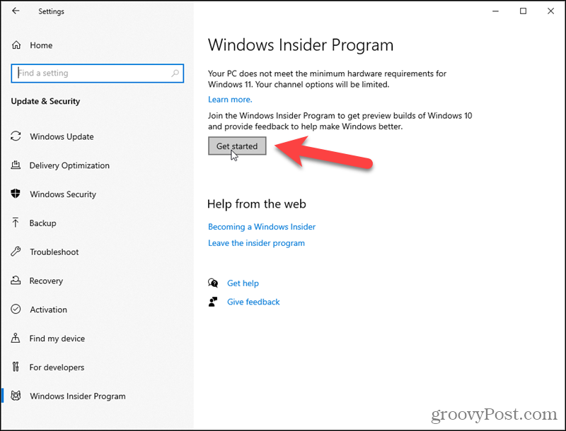 Kliknite na položku Začíname pre program Windows Insider Program