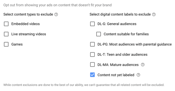Ako nastaviť reklamnú kampaň na YouTube, krok 15, nastavte vylúčené typy a možnosti štítkov