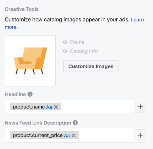 Použite nástroj na nastavenie udalostí na Facebooku, krok 30, možnosti ponuky na prispôsobenie vzhľadu katalógových obrázkov v reklamách na Facebooku