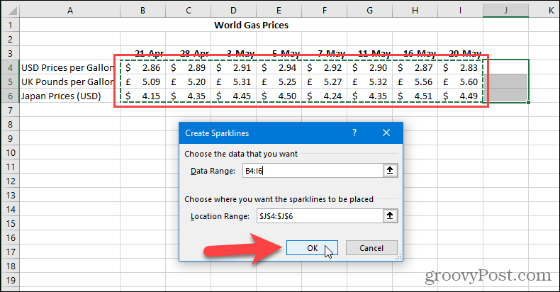 Vytvorenie dialógového okna Sparklines v programe Excel