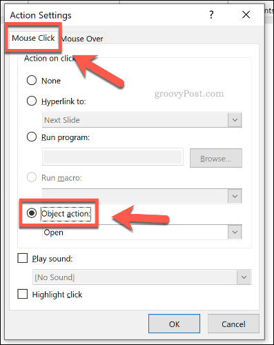 Nastavenie objektu tak, aby sa otváralo kliknutím myši v programe PowerPoint