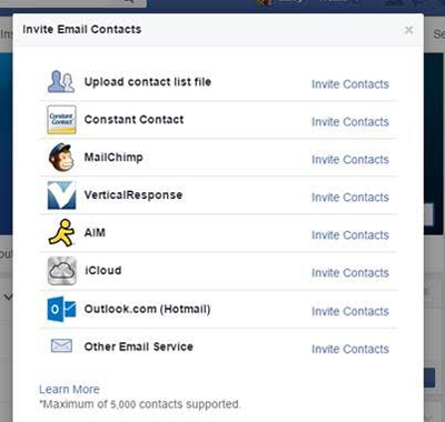 funkcia importu e-mailových kontaktov na facebookovú stránku