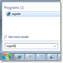 prístup regedit v systéme Windows 7 z ponuky Štart