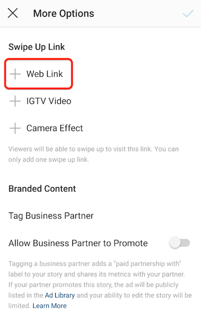 možnosti ponuky instagram na pridanie odkazu potiahnutím nahor so zvýraznenou možnosťou webového odkazu